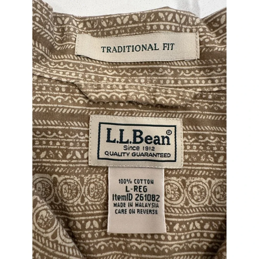L.L. Bean Button Down Hawaiian‎ Shirt SZ L Aztec Mayan Tiki Print Beach Casual
